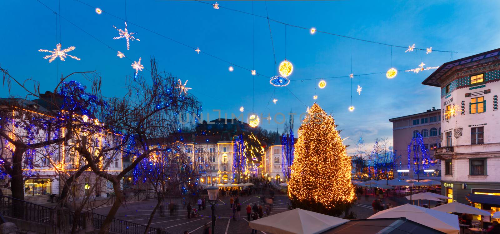 Romantic Ljubljana's city center  decorated for Christmas fairytale. Preseren's square, Ljubljana, Slovenia, Europe.