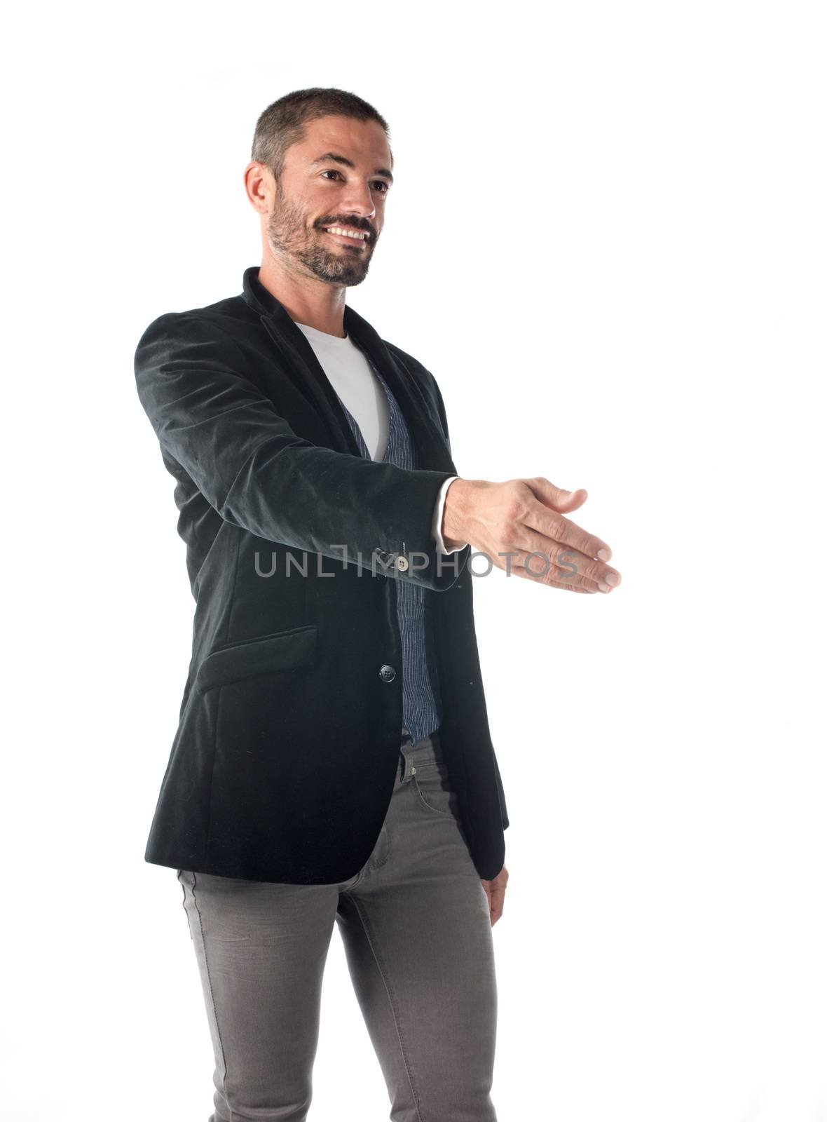 man shake hands  in front of white background