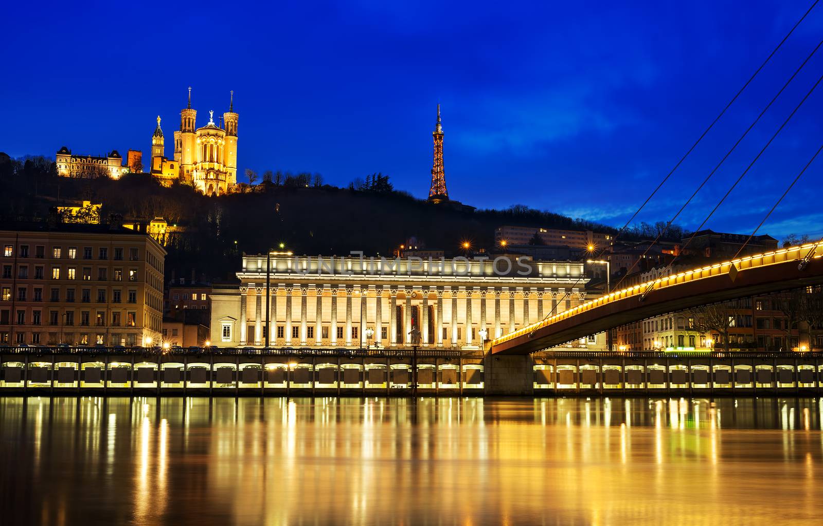 night view from Lyon city near the Fourviere cathedral and Saône river