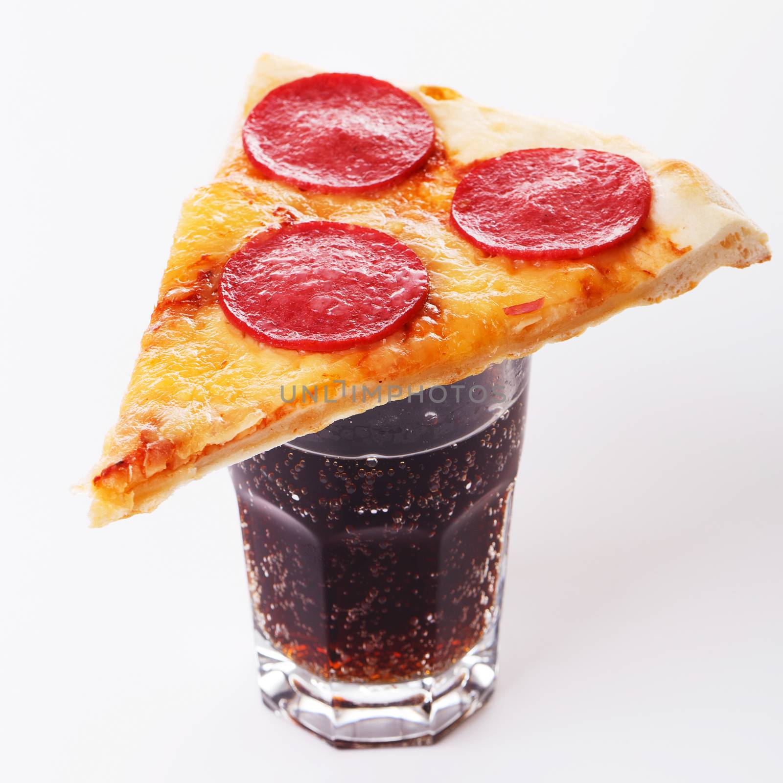 Food, restaurant. Delicious pizza with glass of coke