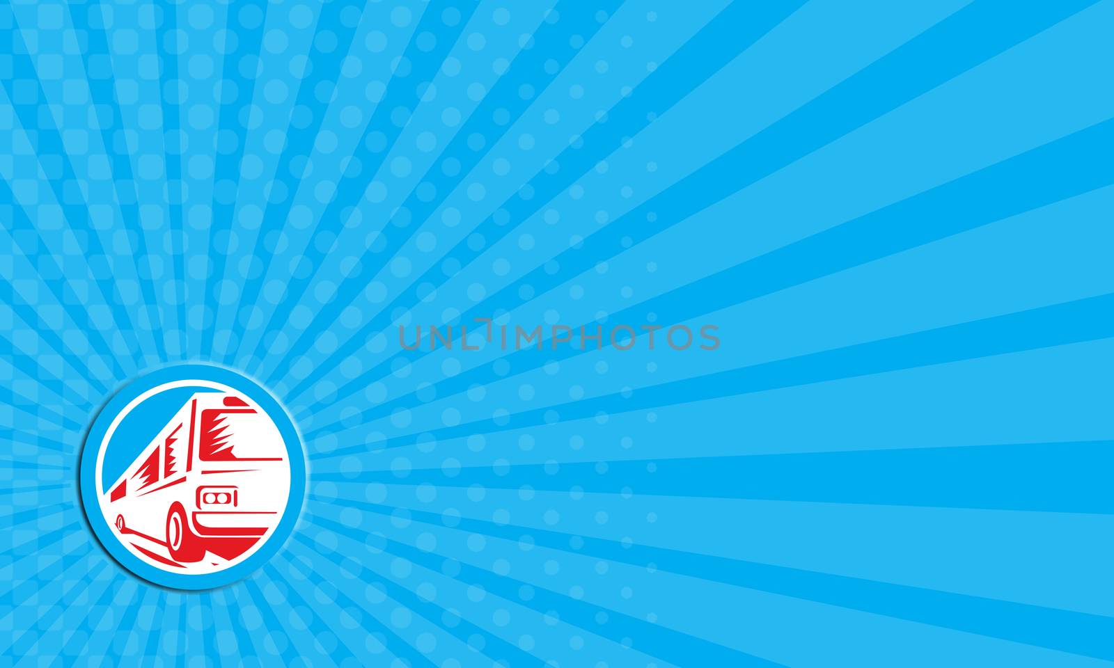 Business card showing illustration of a tourist coach bus shuttle travelling fast viewed from the front set inside circle on isolated background done in retro style.