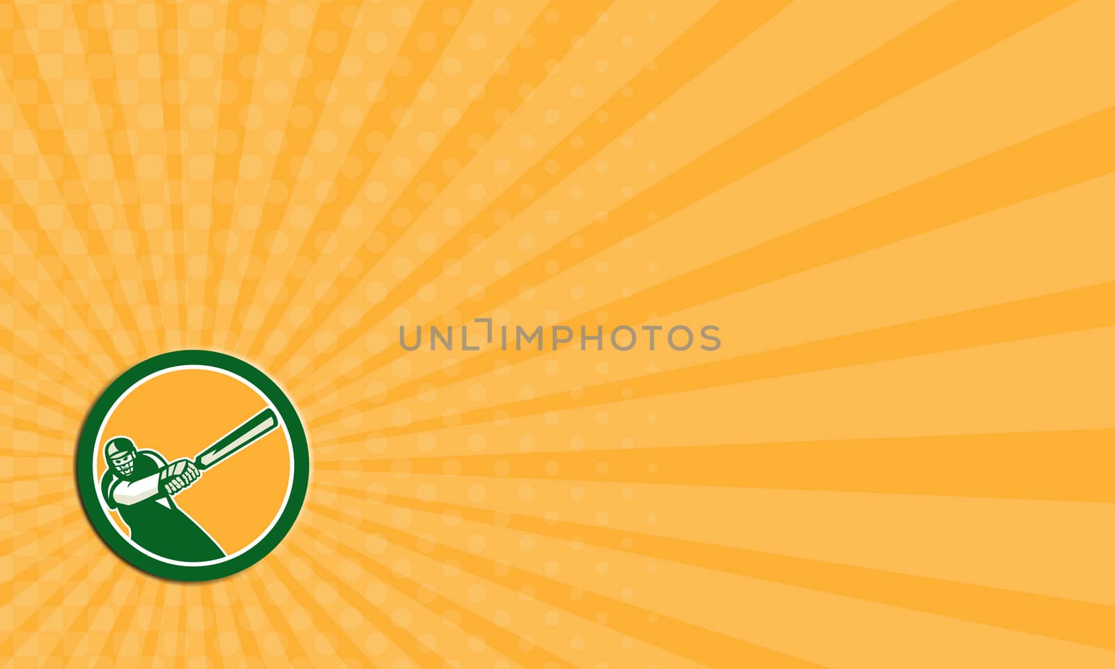 Business card showing illustration of a cricket player batsman with bat batting facing front set inside circle done in retro style on isolated background. 