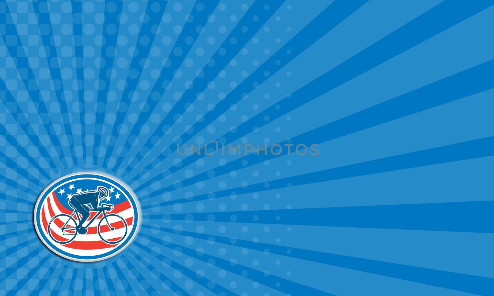 Business card showing illustration of a cyclist biking riding mountain bike facing side set inside oval with american flag stars and stripes in the background done in retro style. 