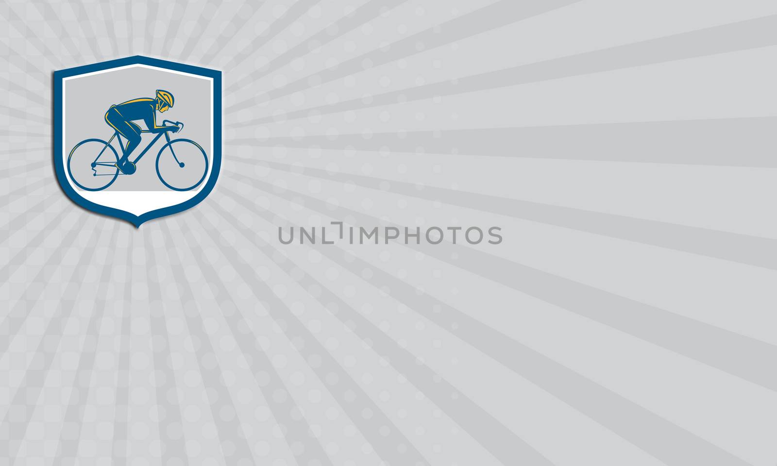 Business card showing illustration of a cyclist biking riding mountain bike facing side set inside shield on isolated background done in retro style. 