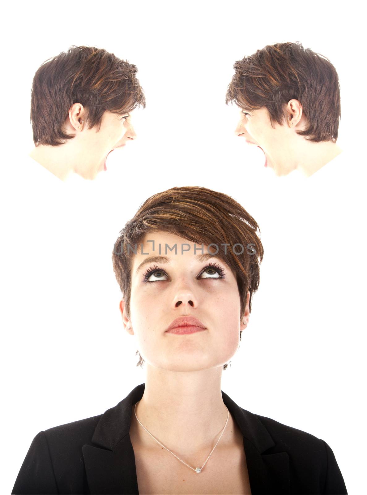 Young woman making choices isolated on white background