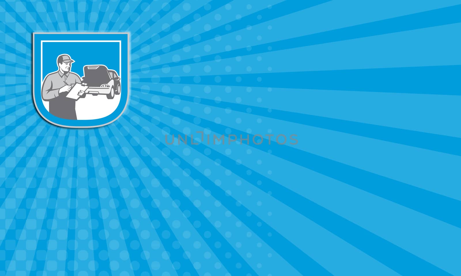 Business card showing illustration of an auto mechanic automobile car vehicle repair check set inside shield done in retro style.