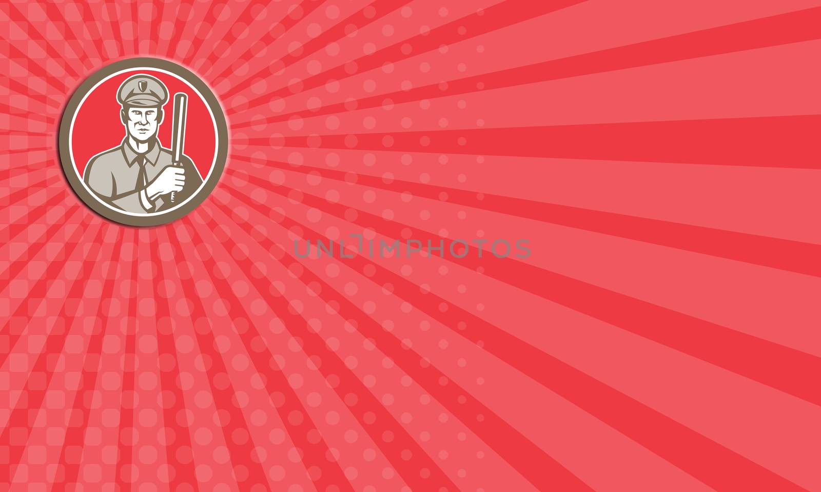 Business card showing illustration of a policeman police officer with night stick baton facing front set inside circle on isolated background done in retro style.