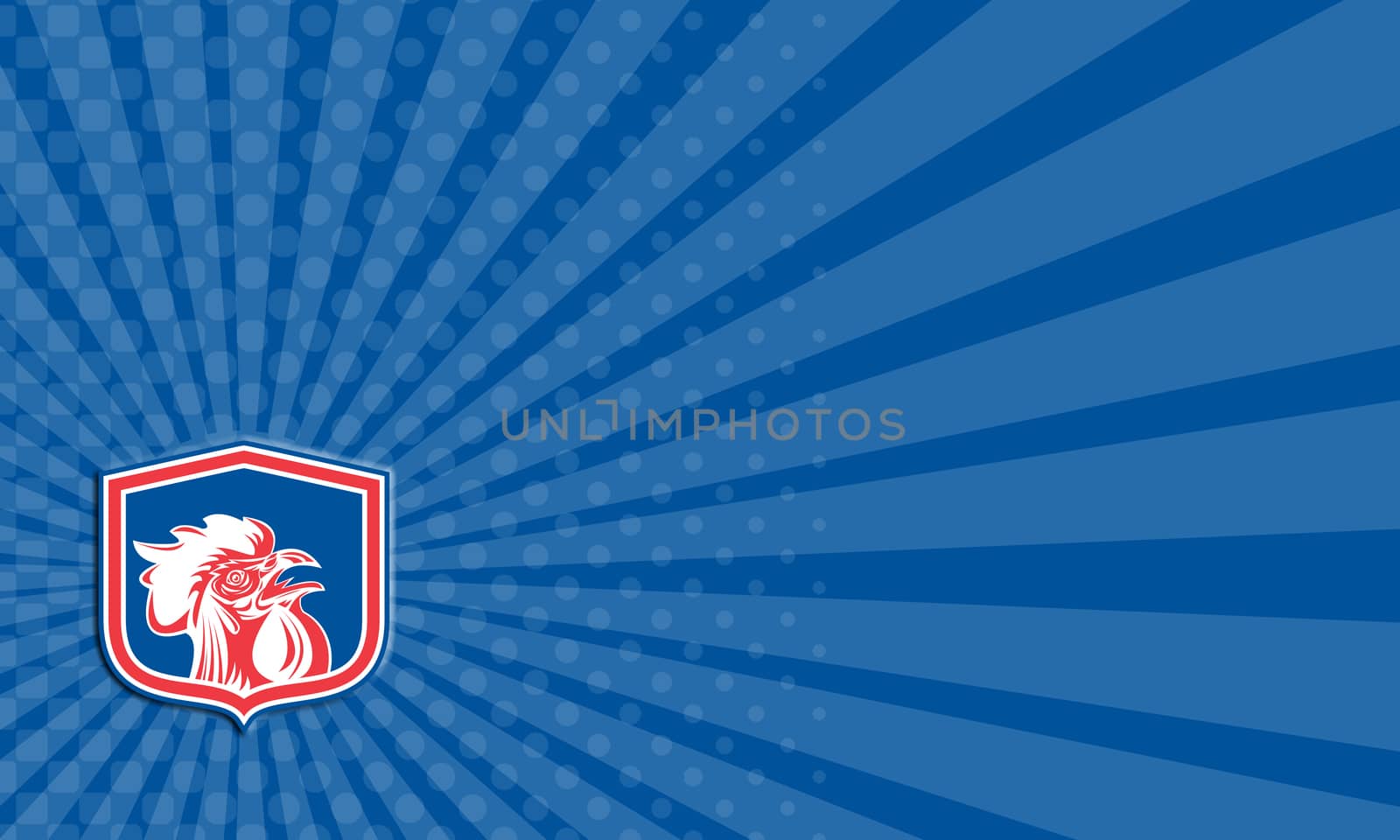 Business card showing illustration of a chicken rooster head mascot facing side set inside shield crest on isolated background done in retro style. 