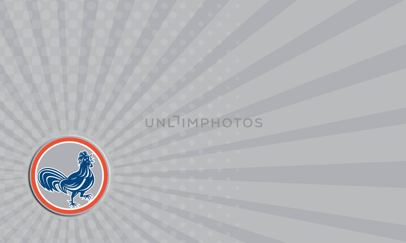 Business card showing illustration of a chicken rooster walking leg up facing side set inside circle on isolated background done in retro style. 