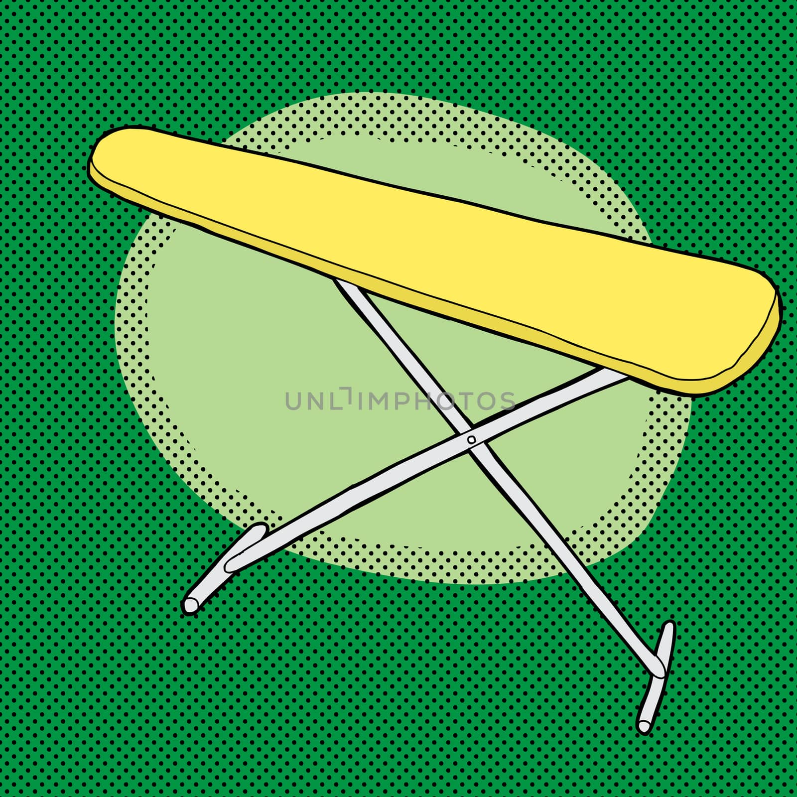 Cartoon yellow ironing board over green halftone