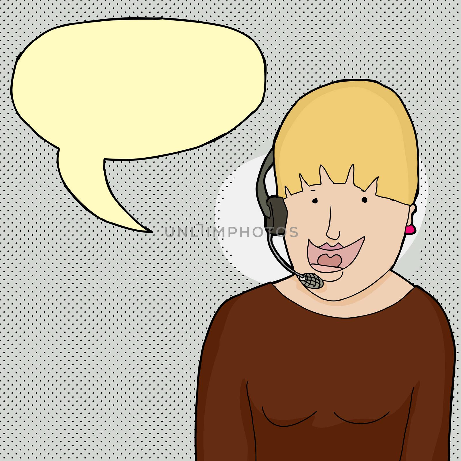 Cute telemarketing phone operator with word bubble