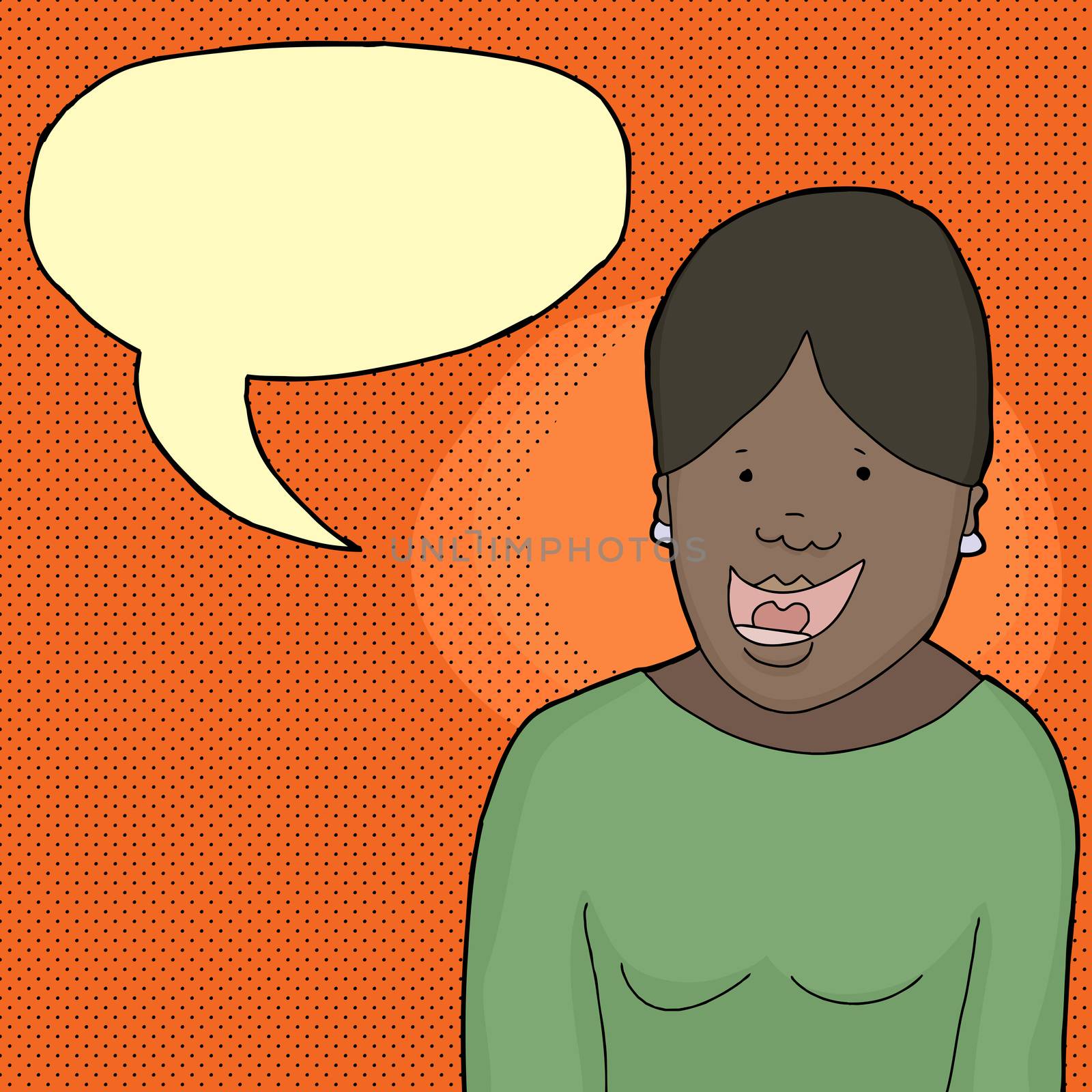 Cute Black woman with word bubble over orange background