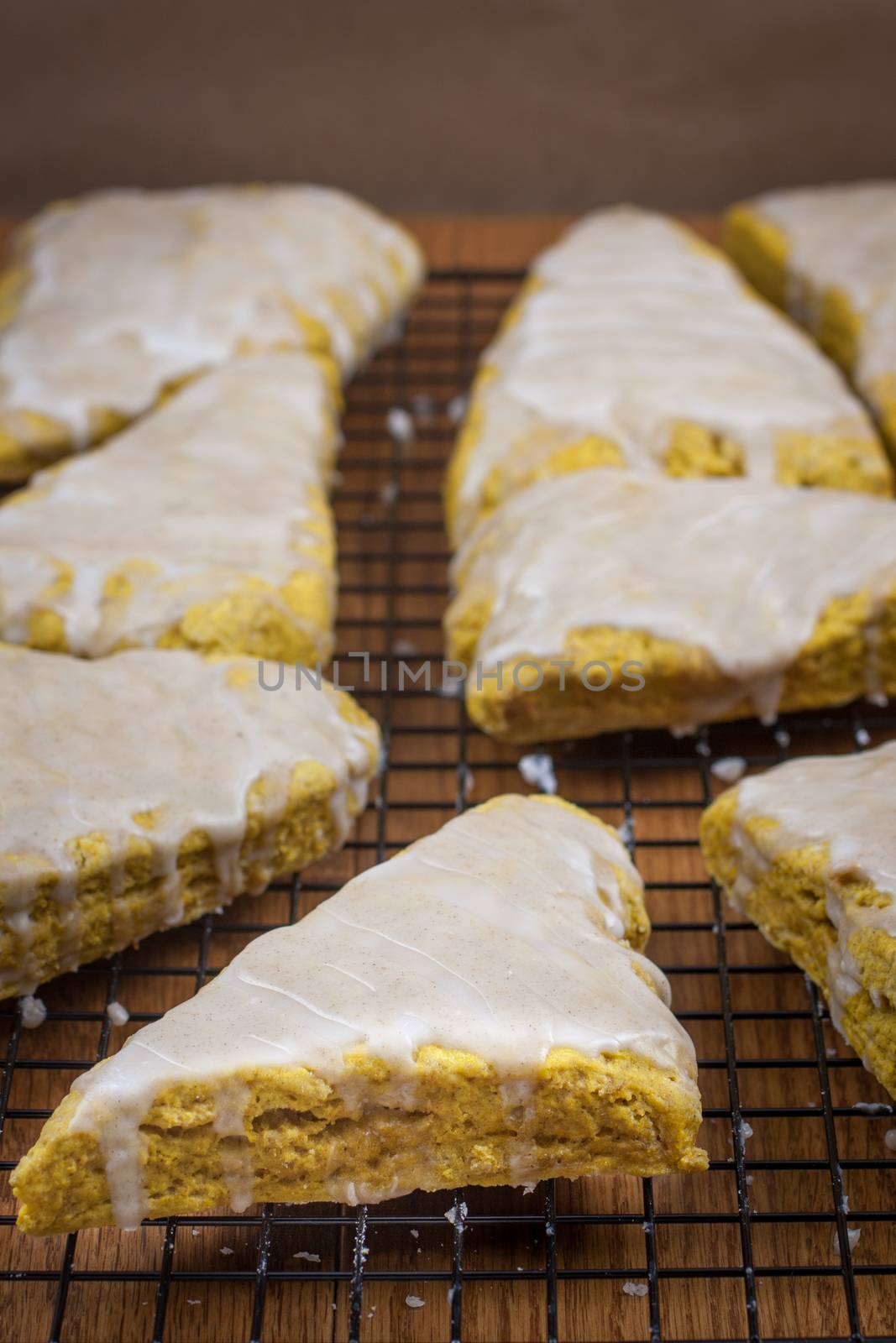 Fresh pumpkin scones with a sweet and spiced glaze on top.