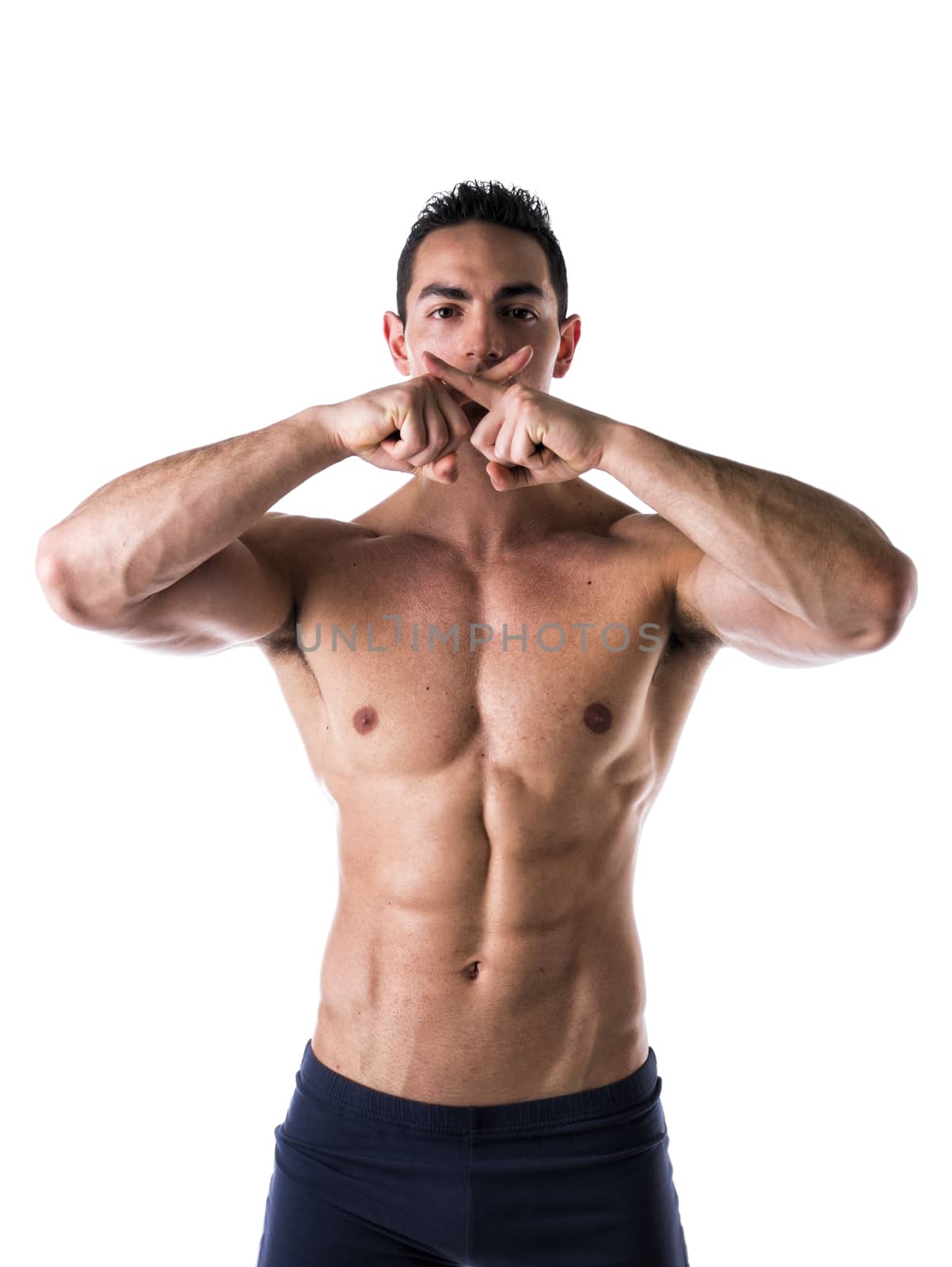 Topless Man with Six Packs Abs and X Finger Sign, isolated in White