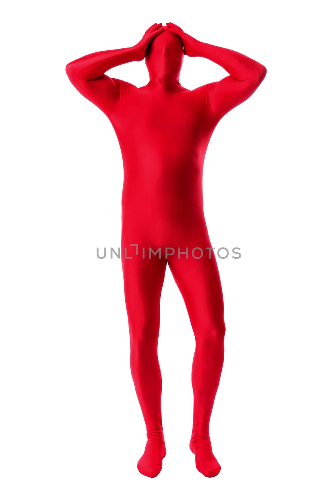 A handsome man in a red body suit isolated on a white background