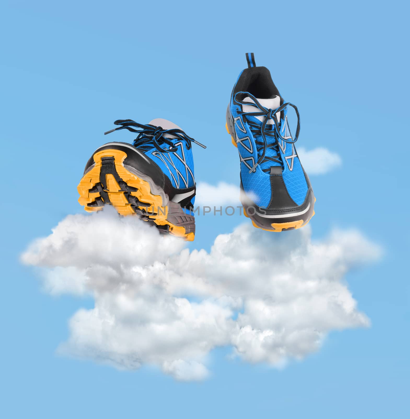 Blue sport shoes running on clouds, easy walking concept