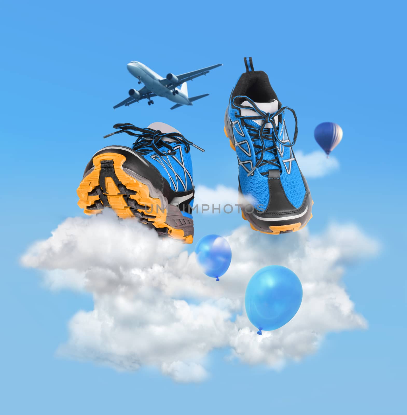 Blue sport shoes running on clouds, soft walking concept