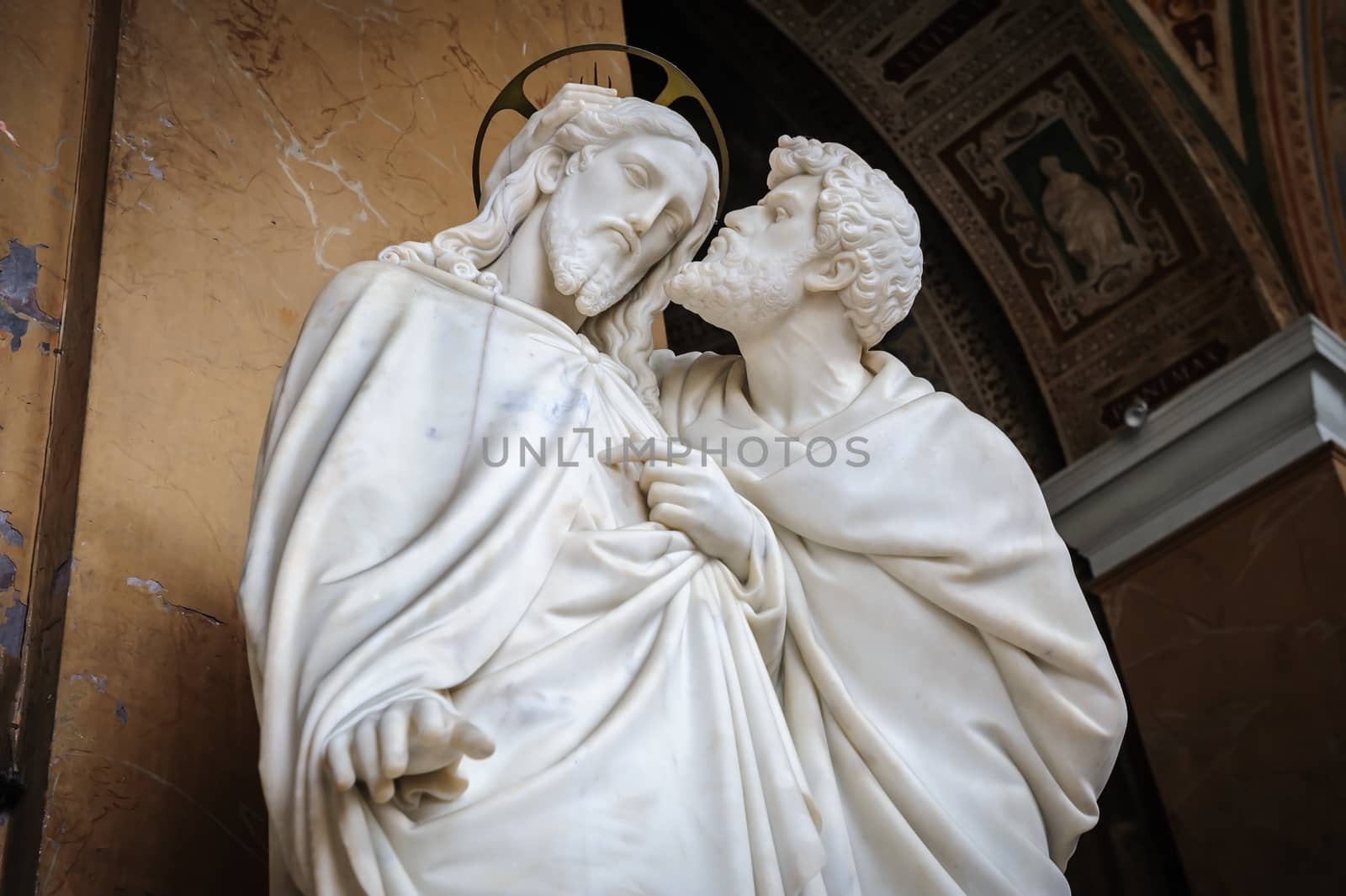 Kiss of Judas statue, next to Scala Sancta in Lateran Palace. Rome, Italy