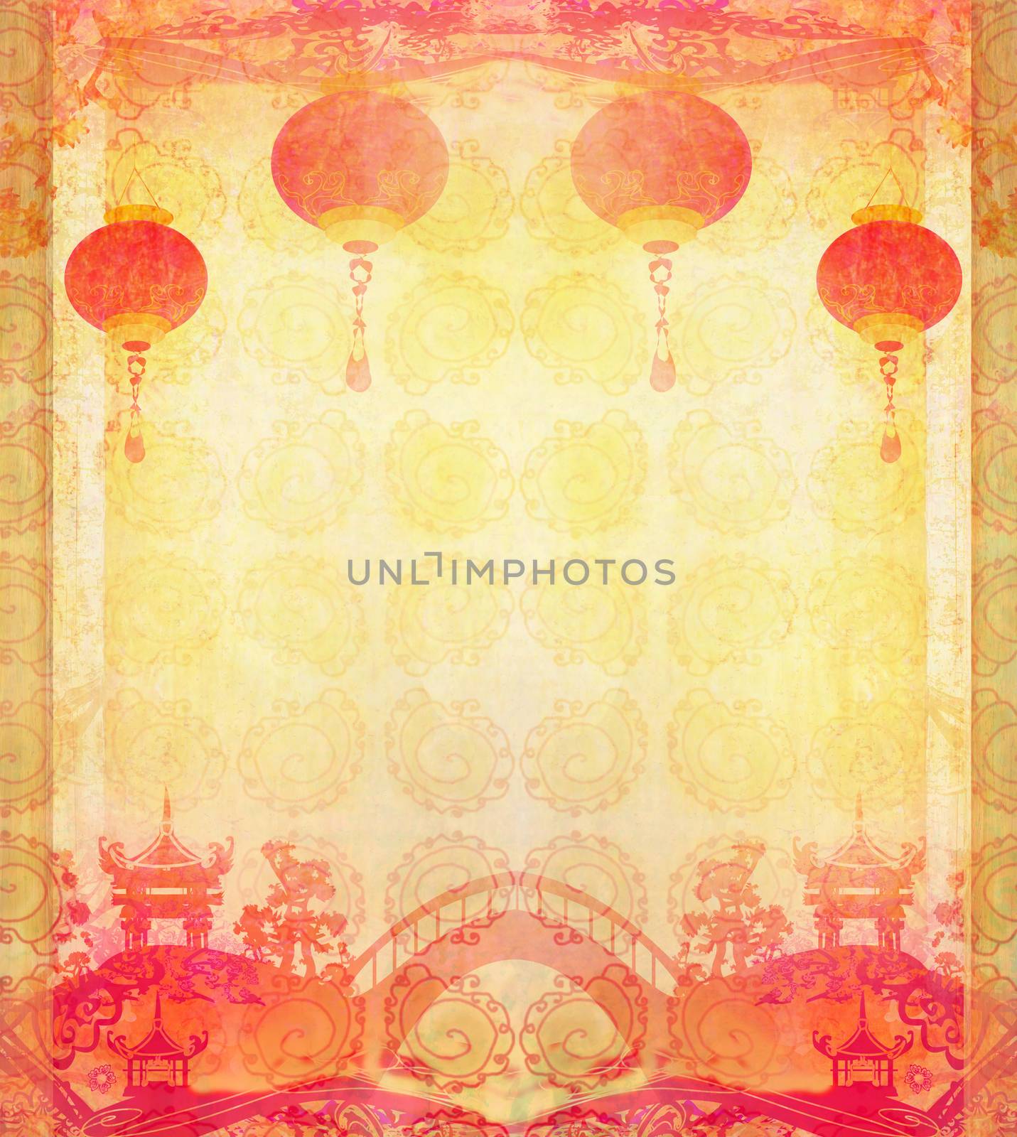 Chinese New Year card - Traditional lanterns and Asian buildings by JackyBrown