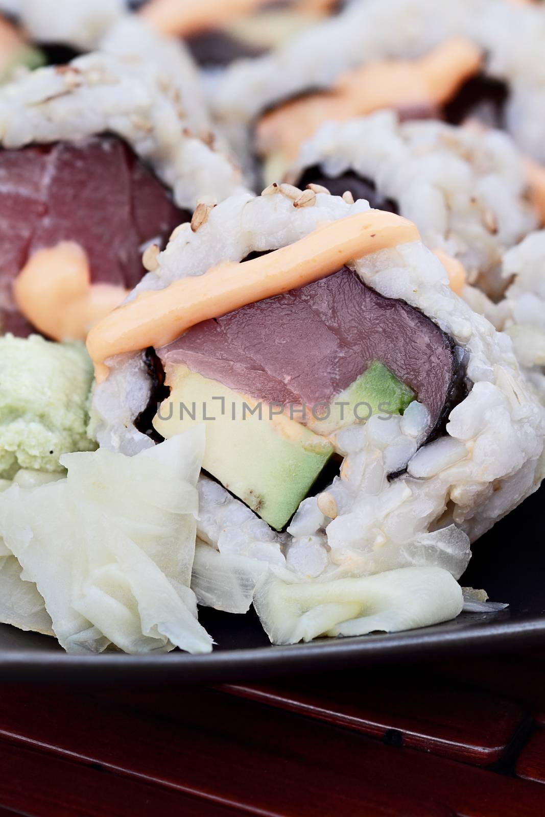 Close up of tuna sushi with extreme shallow depth of field.