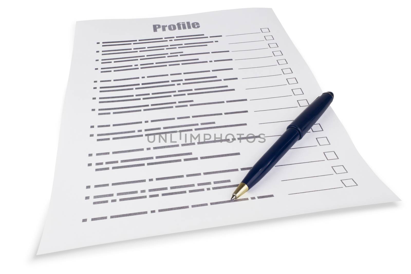 A sheet of paper with a questionnaire and a ballpoint pen on a white background