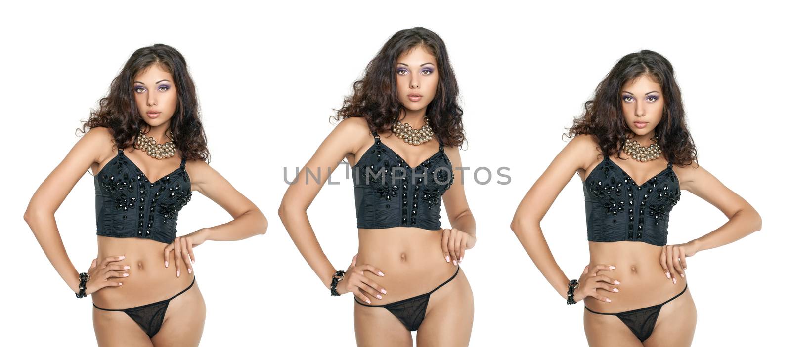 Young three women in black bra, isolated on white
