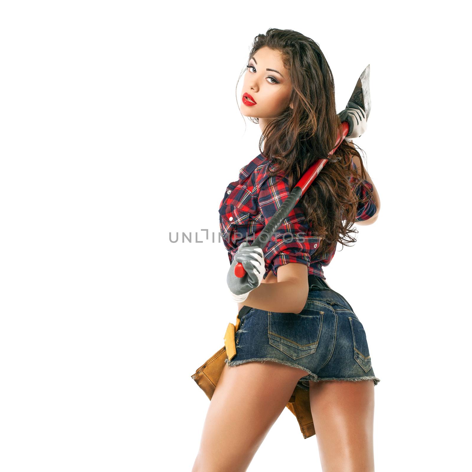 Sexy brunette with an ax in his hand, isolated on white background
