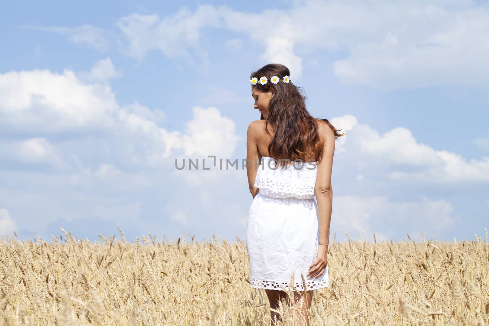 Young woman in a wheat golden field by andersonrise