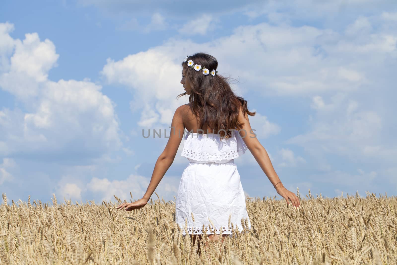 Young woman in a wheat golden field by andersonrise