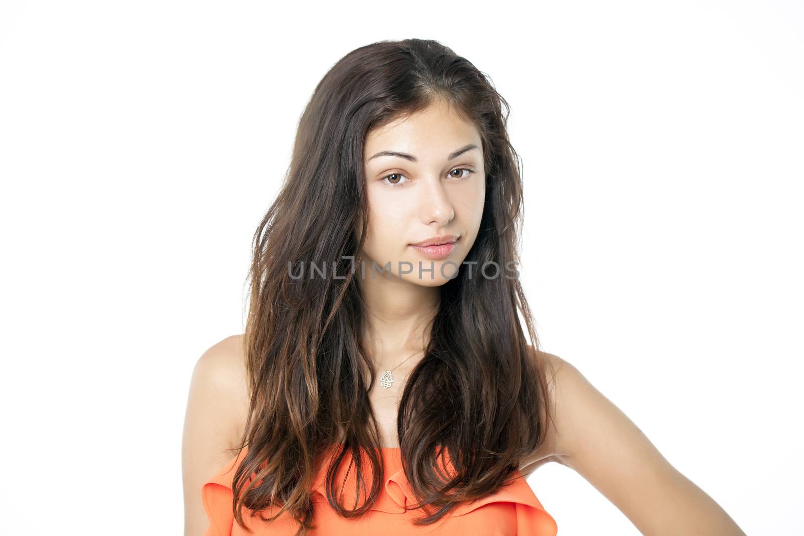 Portrait of a brunette without makeup isolated on white