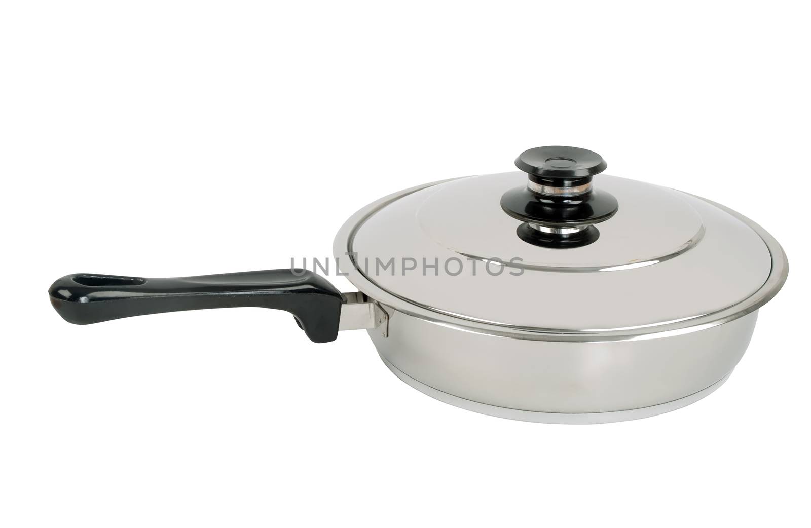 metal frying pan with lid isolated on white background