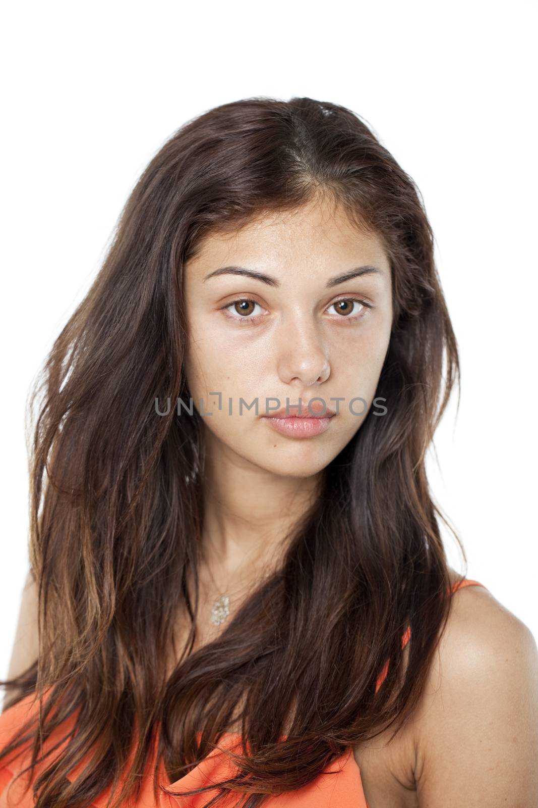 Portrait of a brunette without makeup isolated on white