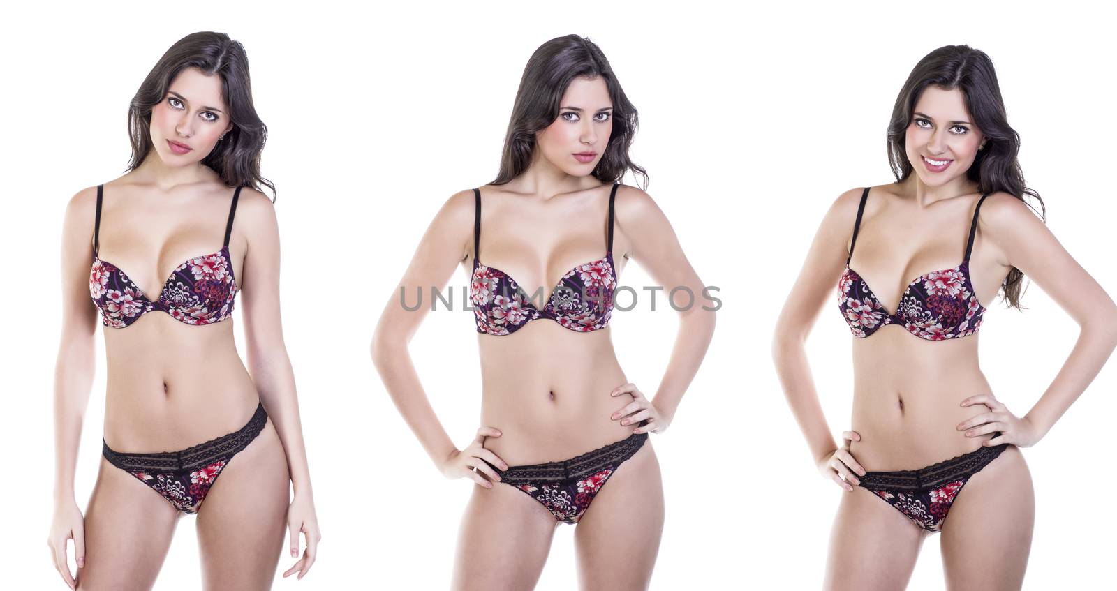 Sexy brunette woman posing in lingerie on isolated white