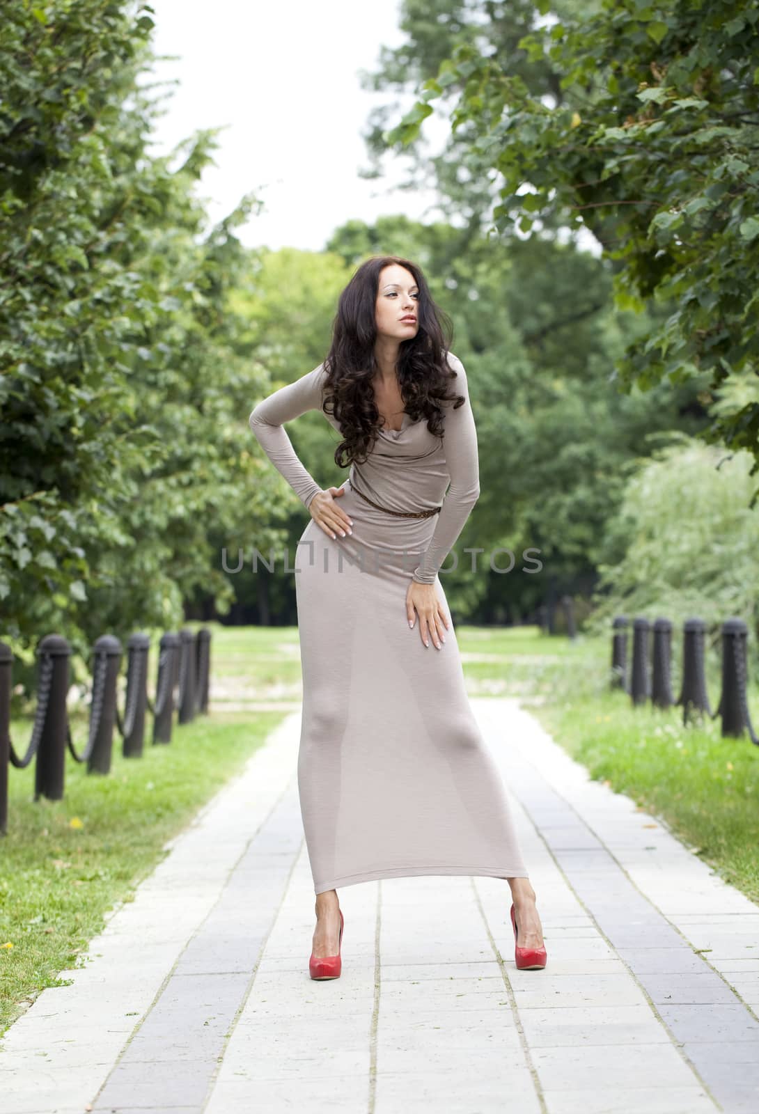 Young woman in sexy long gray dress by andersonrise