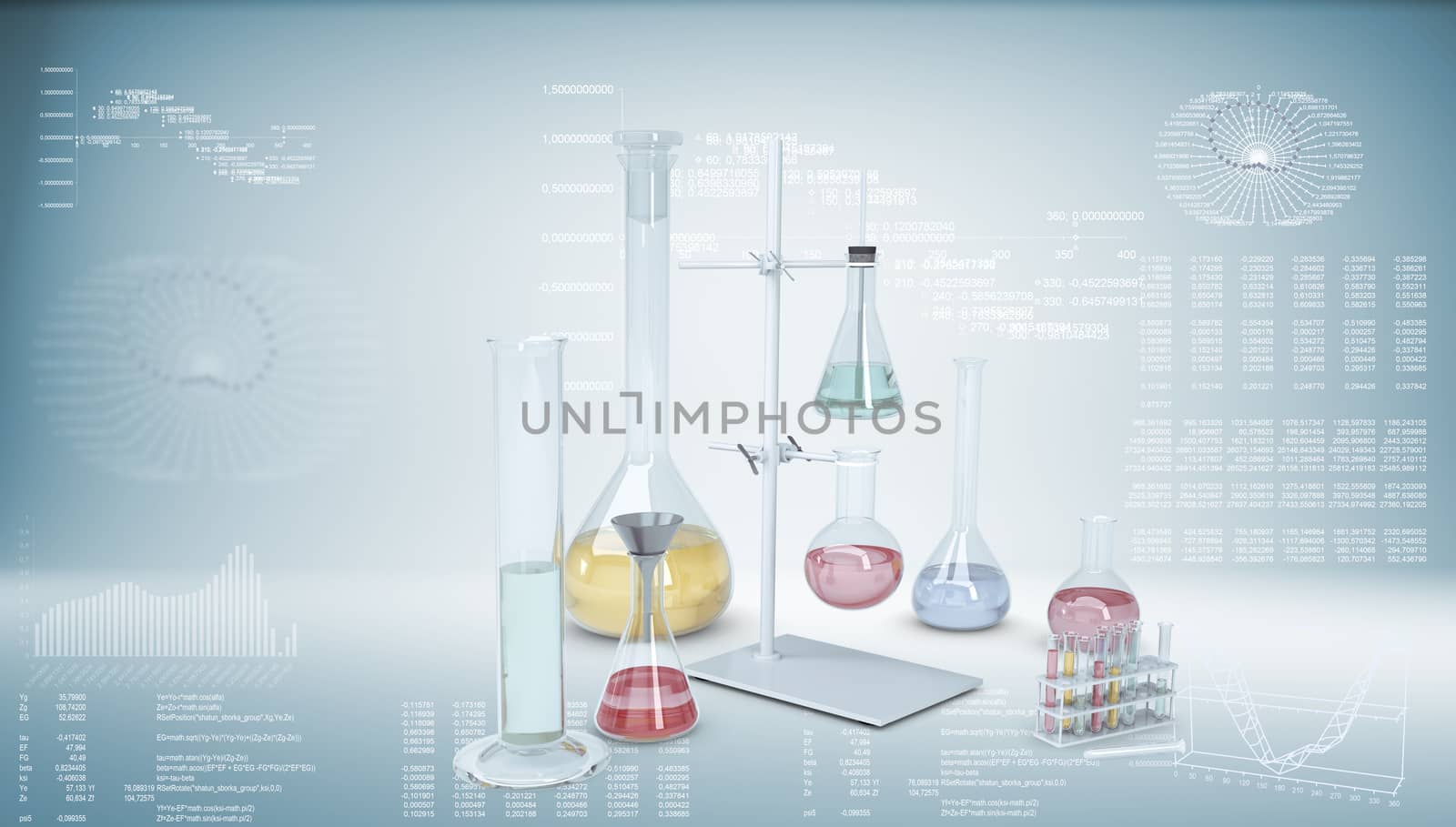 Chemical laboratory equipment. Flasks and test tubes. Graphs and texts as backdrop