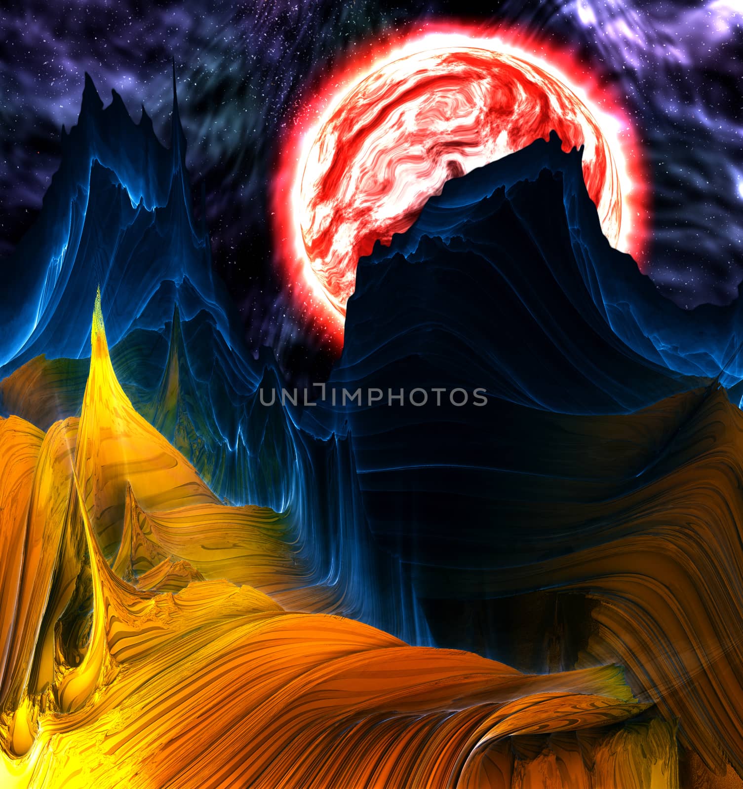 Alien mountains with space background and a red planet