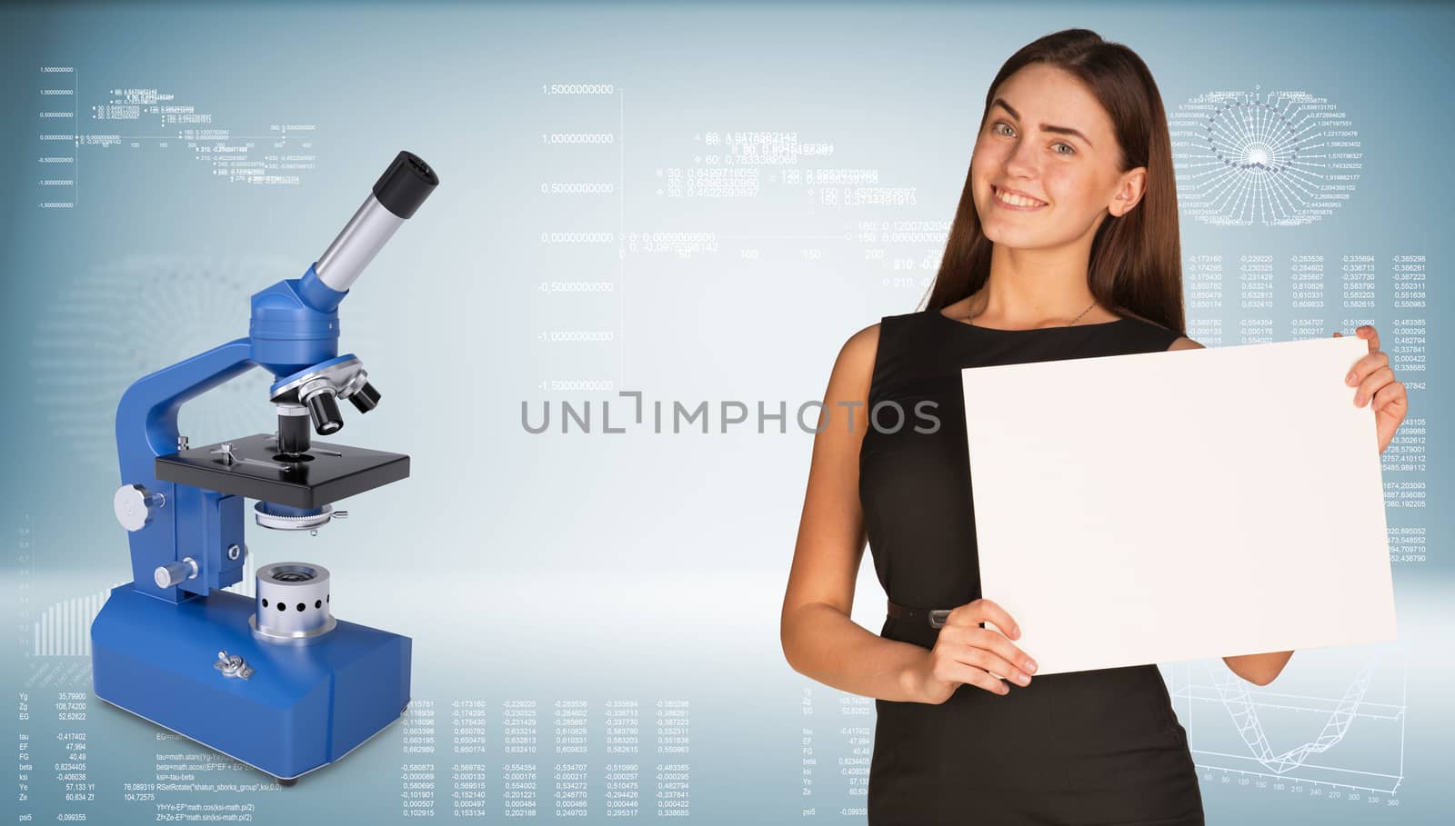 Businesswoman hold paper sheet. Blue chemistry microscope. Graphs and texts as backdrop