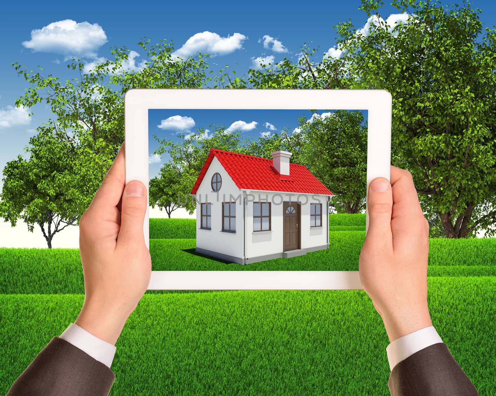 Hands holding tablet computer with house on background of green grass and blue sky