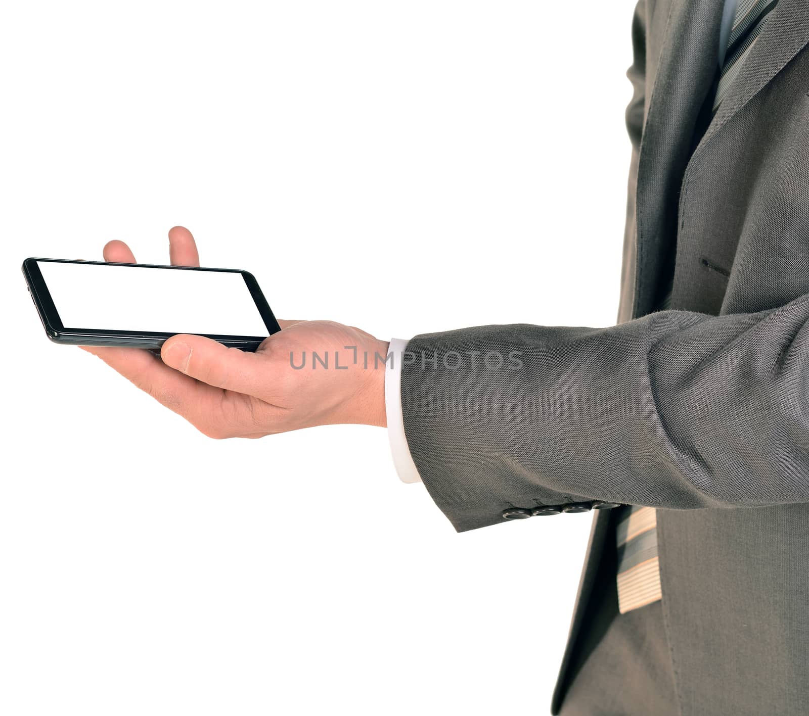 Close up of man using mobile smart phone. Isolated on white background
