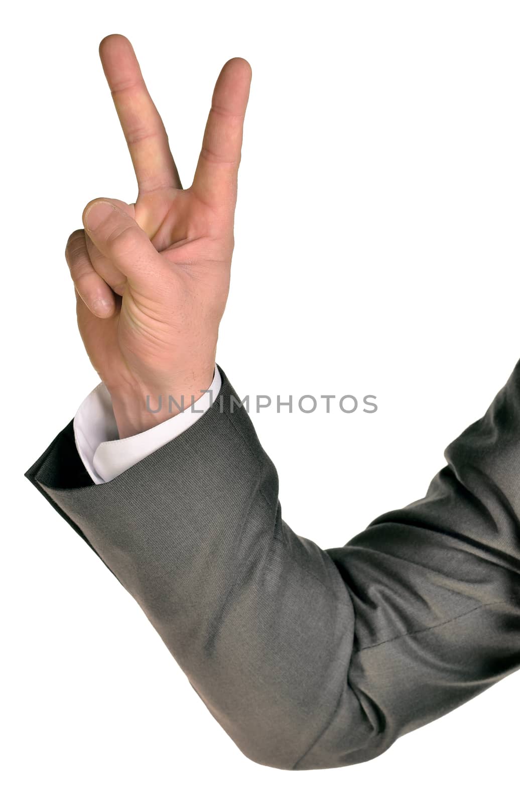 Businessman in suit shows two fingers. Isolated on white background