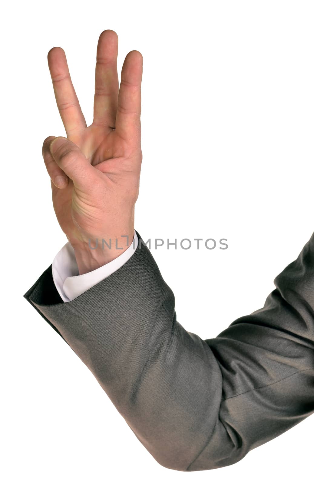 Businessman in suit shows three fingers. Isolated on white background