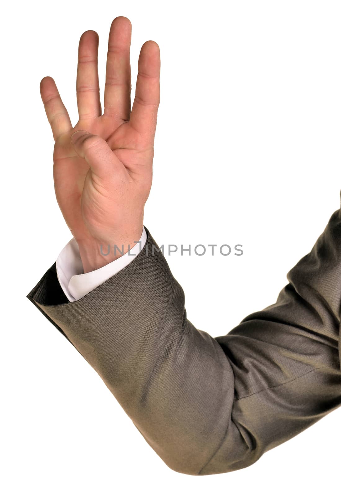 Businessman in suit shows four fingers by cherezoff