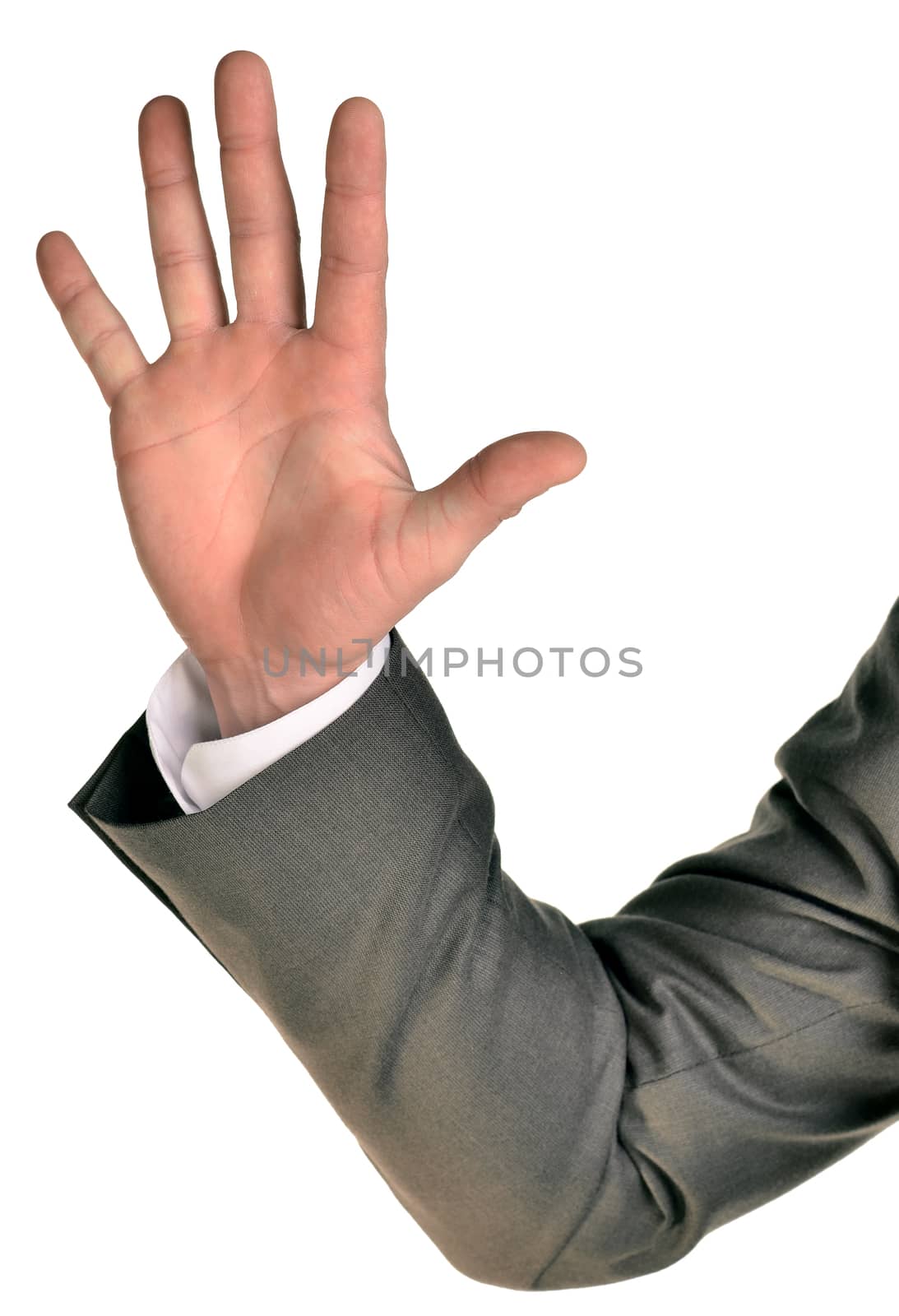 Businessman in suit shows five fingers. Isolated on white background