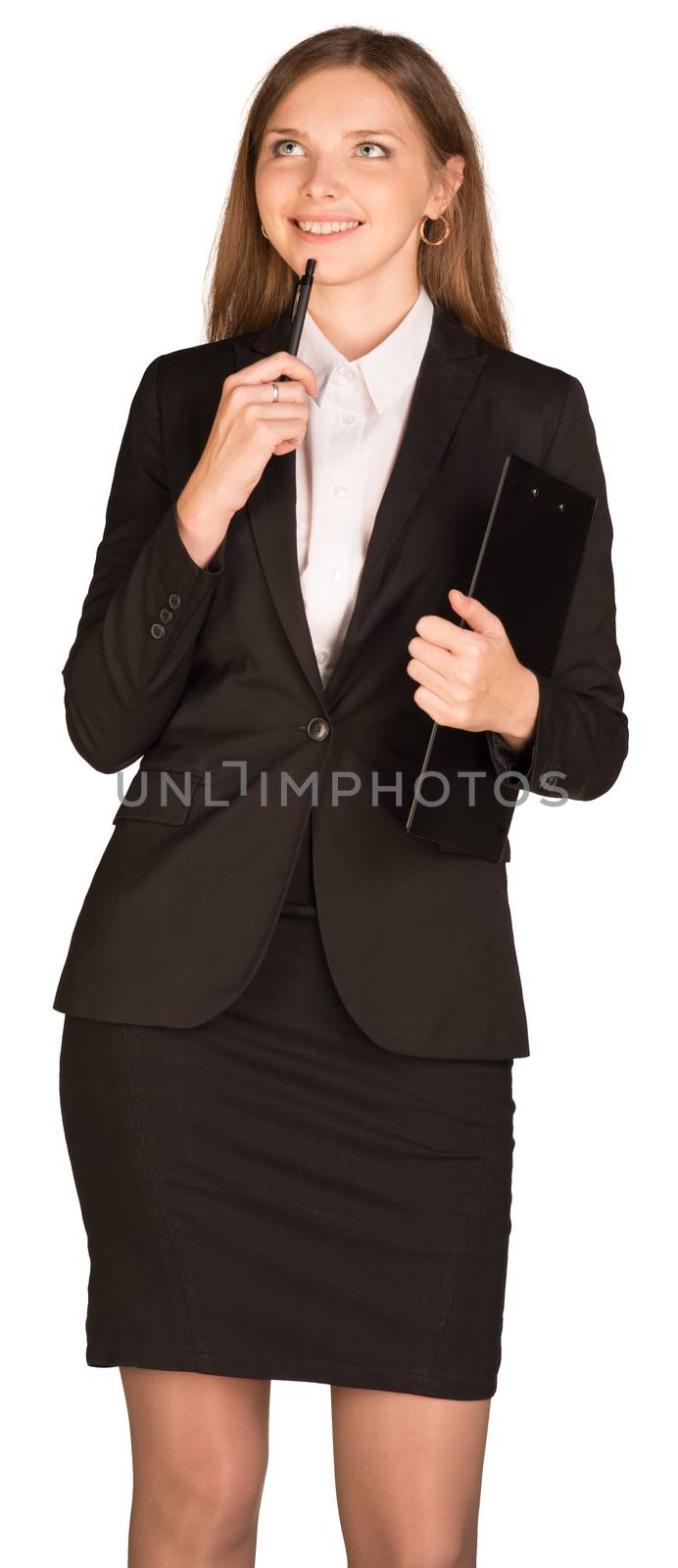 Businesswoman think looking up to empty copy space. Isolated on white background