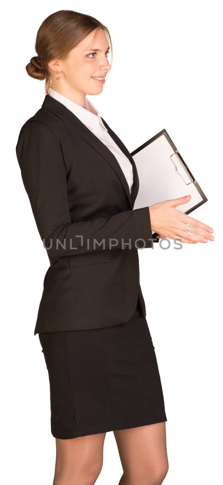 Businesswoman holding paper holder and pulls his hand for handshake