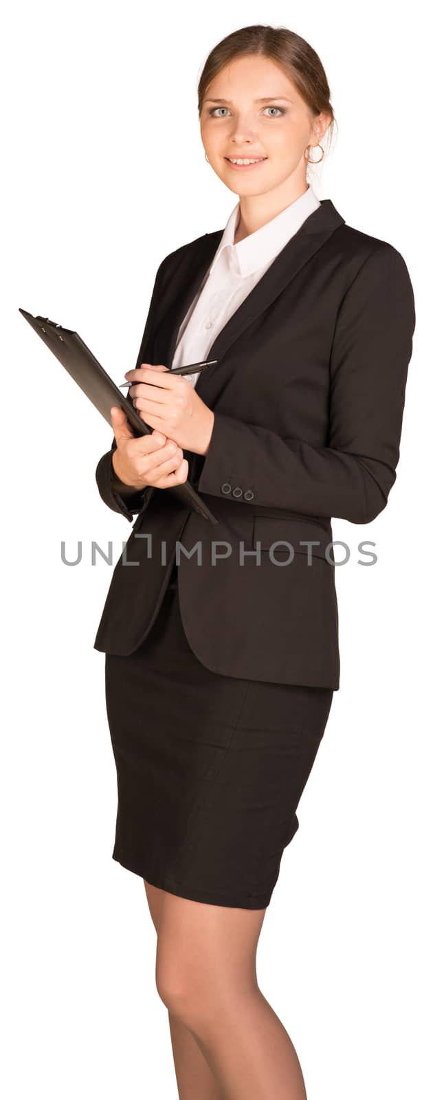 Businesswoman stand holding paper holder. Isolated on white background