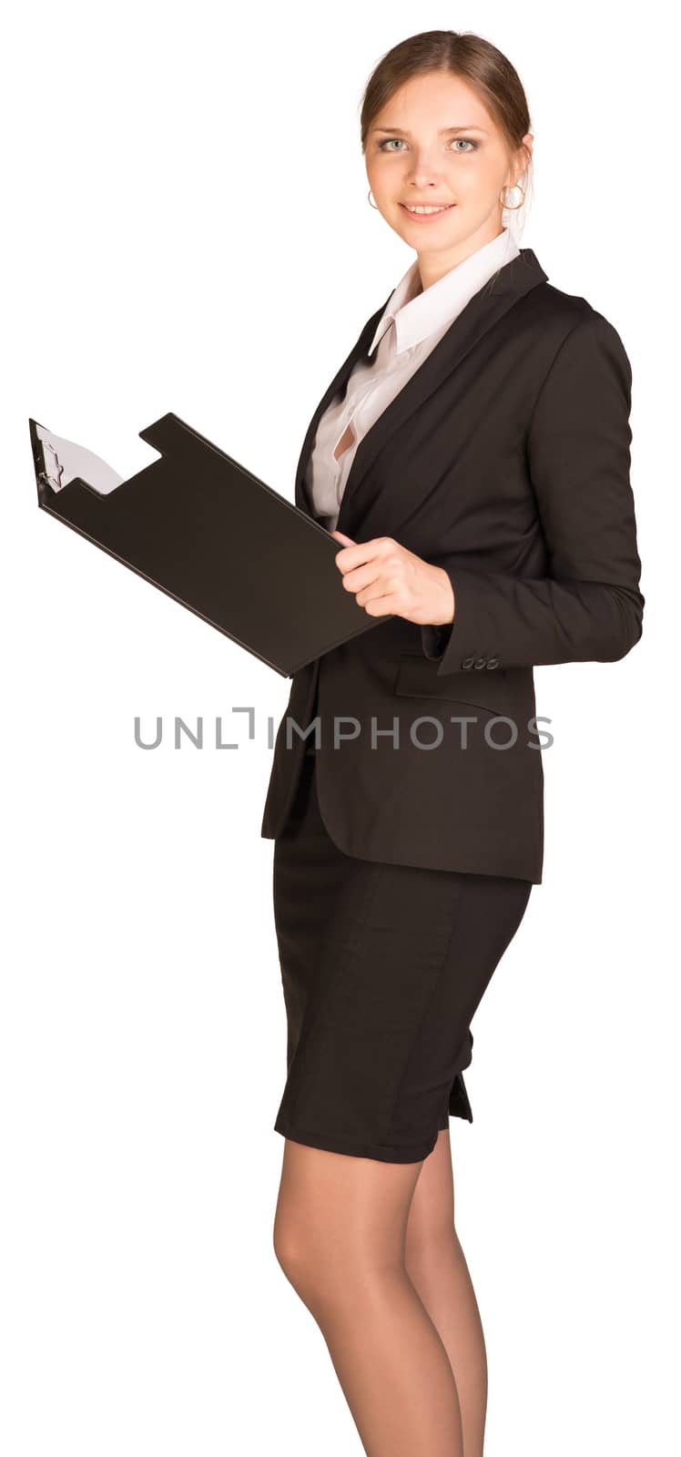 Businesswoman stand holding paper holder. Isolated on white background