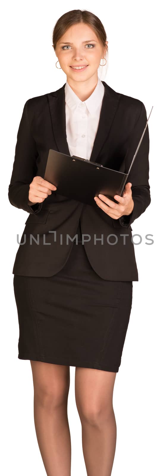 Businesswoman stand holding paper holder. Isolated on white background