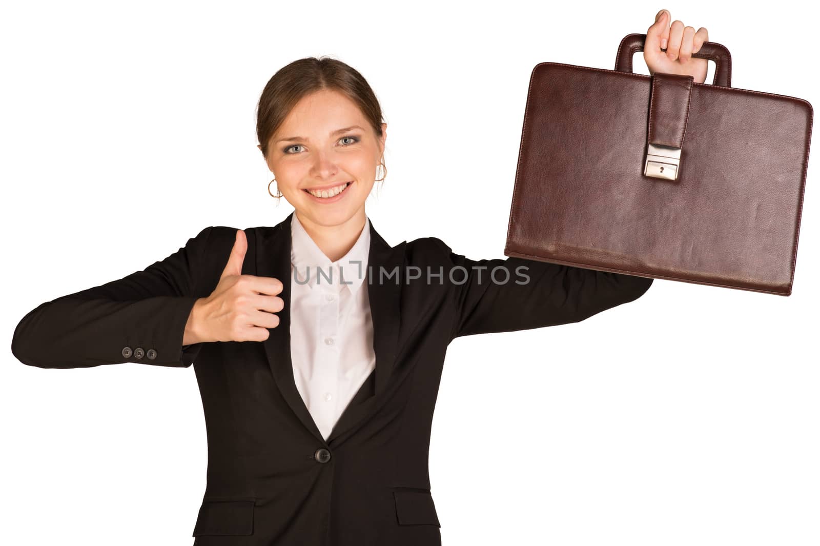 Businesswoman showing thumb up and holding briefcase. Isolated on white background