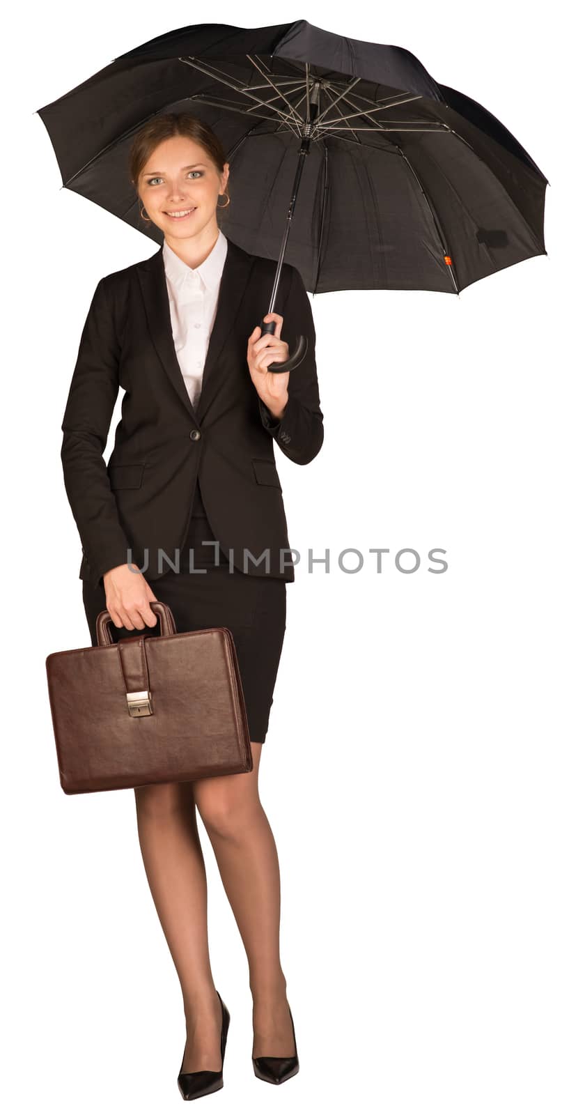 Businesswoman holding a briefcase and umbrella. Isolated on white background